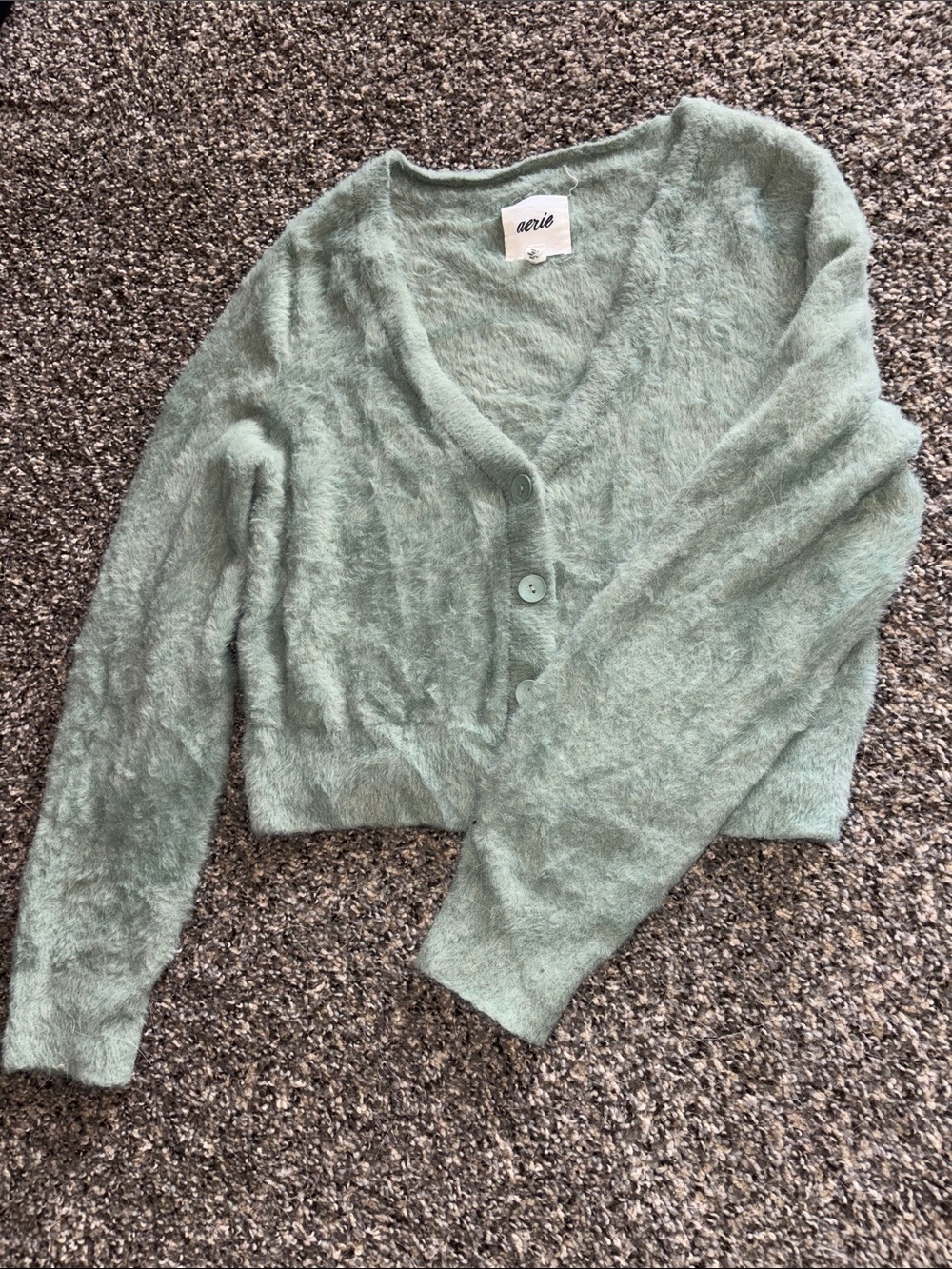 aerie Mint Green Fuzzy V-Neck Button cropped Cardigan